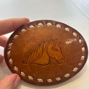 Vintage Brown Leather Horse Belt Buckle